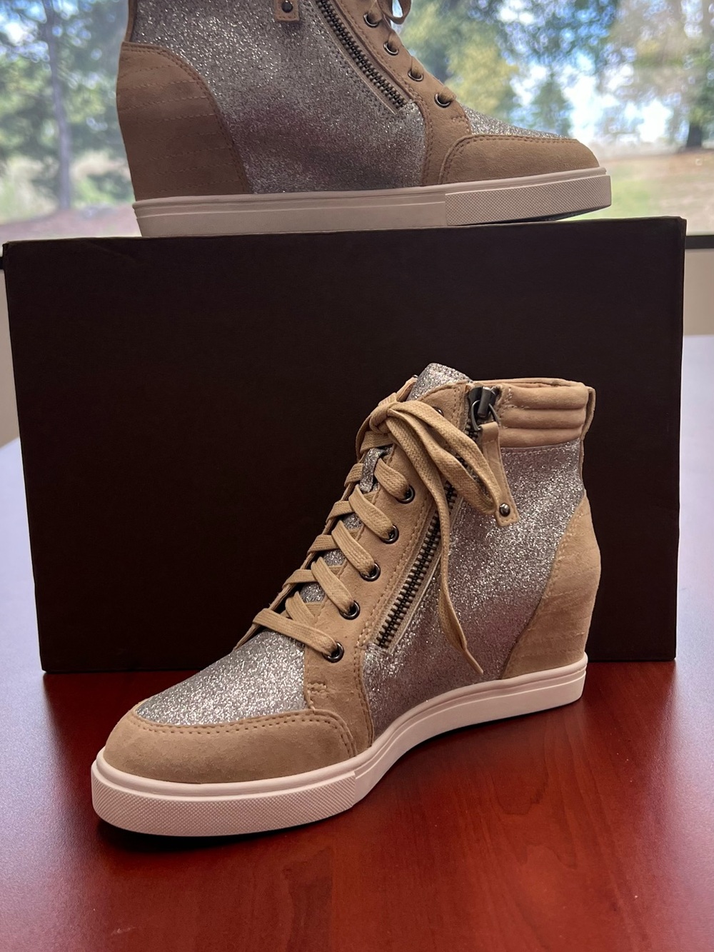 Paolo Taupe and Silver Glitter Wedge Sneaker Boot